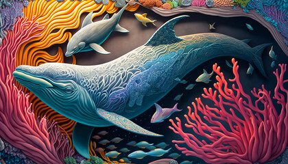 Whales swimming with Corals Generative Art