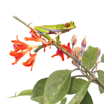 an isolated green red-eyed tree frog on orange jungle flowers, side-view portrait, rainforest-themed photorealistic illustration on a transparent background in PNG. T-Shirt Design. Generative AI
