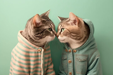 Studio portrait of two cats in casual clothes kissing created with Generative AI technology - obrazy, fototapety, plakaty