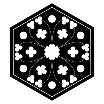 Geometrical floral ornament in hexagon shape. Medieval French design. Black and white silhouette.