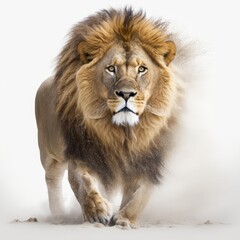 Fototapeta na wymiar Threatening lion stance: the powerful king of mammals walking forward on white background. Generative AI