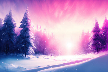 snowfall in the forest, pine trees with gently falling snow and a pink background. peaceful winter concept. Generative AI.