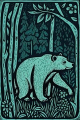 lithograph style blue print of a bear in the forest, storybook illustration style wildlife. Generative AI.  - obrazy, fototapety, plakaty