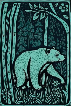 lithograph style blue print of a bear in the forest, storybook illustration style wildlife. Generative AI. 