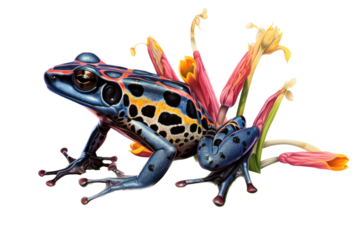  an isolated Poison Dart Frog on flower side-view portrait, wildlife-themed, Tropical Rainforest, photorealistic illustration on a transparent background cutout in PNG. Generative AI