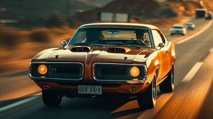 Fototapeta na wymiar retro muscle car speeding down a highway