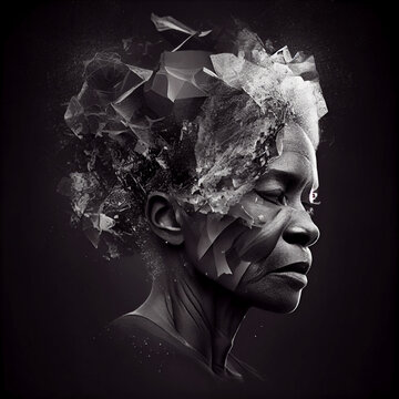 Conceptual image showing trauma of racism in senior Black woman. Generative AI.