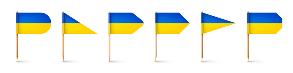 Realistic various Ukrainian toothpick flags. Souvenir from Ukraine. Wooden toothpicks with paper flag. Location mark, map pointer. Blank mockup for advertising and promotions. Vector illustration