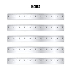 Realistic various shiny metal rulers with measurement scale and divisions, measure marks. School ruler, inch scale for length measuring. Office supplies. Vector illustration