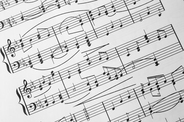 Sheet of paper with music notes as background, closeup view