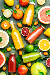 Summer drinks. Citrus fruit juices, fresh and smoothies, food background, top view. Mix of...