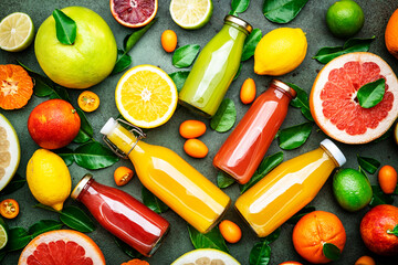 Summer drinks. Citrus fruit juices, fresh and smoothies, food background, top view. Mix of different whole and cut fruits: orange, grapefruit, lime, tangerine with leaves and bottles with drinks 