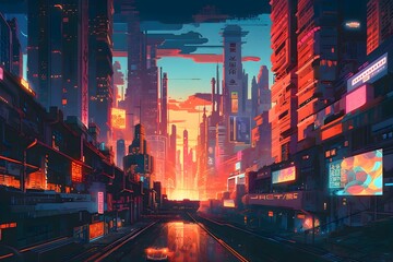 Fototapeta na wymiar Beautiful Cyberpunk Cityscape, Glitchy Animation style | Cyberpunk Wallpaper/Background |