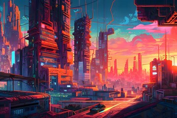 Beautiful Cyberpunk Cityscape, Glitchy Animation style | Cyberpunk Wallpaper/Background |