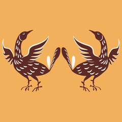 Symmetrical design with two cute stylized birds. Traditional Russian folk motif. brown silhouettes on yellow background.