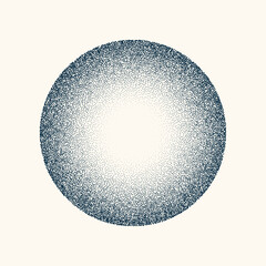 Round shaped dotted object, vintage stipple element. Fading gradient. Stippling, dotwork drawing, shading using dots. Halftone disintegration effect. White noise grainy texture. Vector illustration