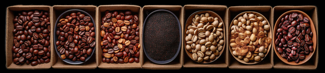 Panoramic banner with coffee beans, close-up on many different kinds on black background, AI generative