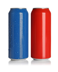 Fototapeta premium Aluminum cans with drinks on white background