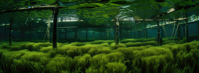 Underwater farm, Seaweed farm or under water plant cultivation. Ecological marine farming or aquatic farms. Generative AI. 
