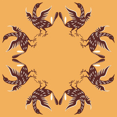 Geometrical ornament or animal frame with stylized birds. Traditional Russian folk motif. Brown silhouettes on yellow background.
