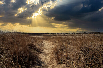 Stormy sky over a path Chatham Lighthouse Beach on a sunny day in winter