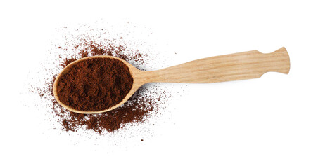 Wooden spoon of ground coffee on white background, top view
