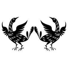 Symmetrical animal design with two stylized birds. Traditional Russian folk motif. Black and white silhouette.