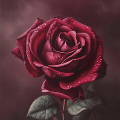 Realistic painting red rose with water drops