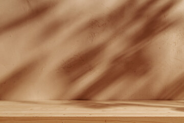 Wooden table mockup on stucco background with branch shadows on the wall. Mock up for branding products, presentation and health care.	