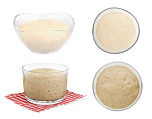 Collage with fresh leaven on white background, top and side views