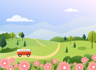 The bus rides through the flower fields. Spring landscape, road and forest. Vector drawing in a flat style with gradients. Illustrations for banners, backgrounds, advertising, web pages and websites