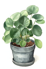 Watercolor Illustration of Peperomia Plant in a Pot for Sophisticated Home Decor. Generative AI