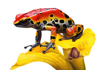 an isolated Poison Dart Frog on flower side-view portrait, wildlife-themed, Tropical Rainforest, photorealistic illustration on a transparent background cutout in PNG. Generative AI