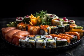 A beautiful platter of sushi. Generative AI. 