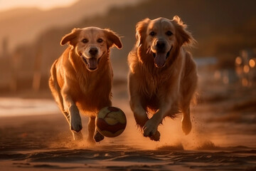 Obraz premium happy dogs golden retriever playing with water, chasing ball on sand beach sunbeams friends