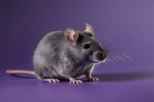 gray mouse isolated on plain purple studio background, made with generative ai