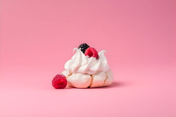 mini pavlova meringue with berries on pink background, made with generative ai