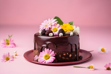 chocolate layer cake decorated with flowers on plain pink background, made with generative ai