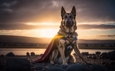 Generative AI image of a german shepherd dressed as a cuper hero at a ocean - obrazy, fototapety, plakaty