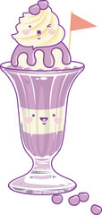 Blueberry ice cream in a cupkawaii style isolated, sweet dessert on white background