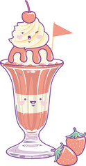 Strawberry ice cream in a cupkawaii style isolated, sweet dessert on white background