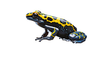an isolated yellow and black, and red colored poison dart frog on flowers and leaves, jungle-themed photographic illustration on a transparent background in PNG. generative ai