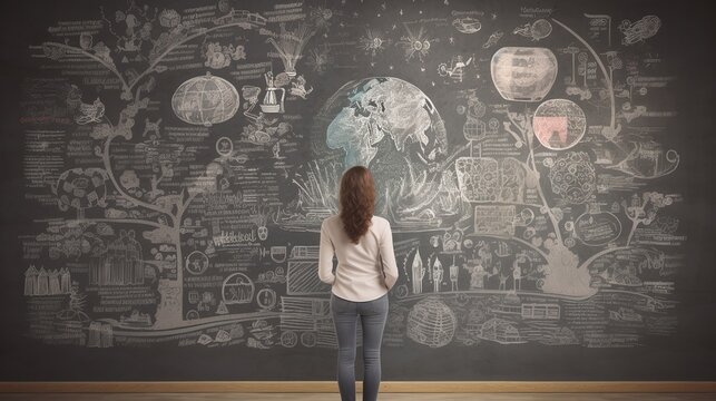 An image of a person standing in front of a chalkboard wall, with different lessons and subjects forming a mural of knowledge - Generative AI