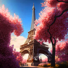 Ai Generated, ,Eiffel Tower during spring time in Paris, France.