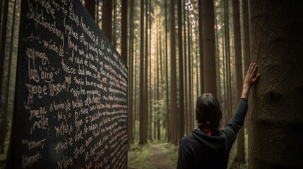 Naklejka na ściany i meble An image of a person's hands holding a chalkboard, with different quotes and inspirational messages forming a surreal trail through a forest - Generative AI