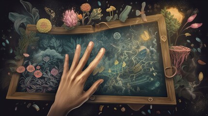 An image of a person's hands holding a chalkboard, with different quotes and inspirational messages forming a surreal trail through a forest Generative AI