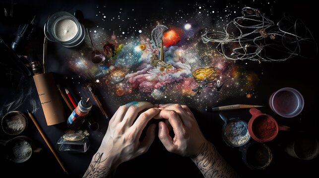 An image of a person's hands holding a pen, with different subjects and lessons forming a surreal still life in space - Generative AI
