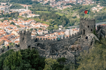 Sintra, Lisboa, Portugal. October 4, 2022: Castle of the Moors with beautiful blue sky sky.