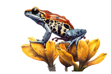 Obraz premium an isolated yellow and black, and red colored poison dart frog on flowers and leaves, jungle-themed photographic illustration on a transparent background in PNG. generative ai