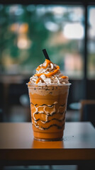 Iced coffee covered with whipped cream caramel in plastic glass
